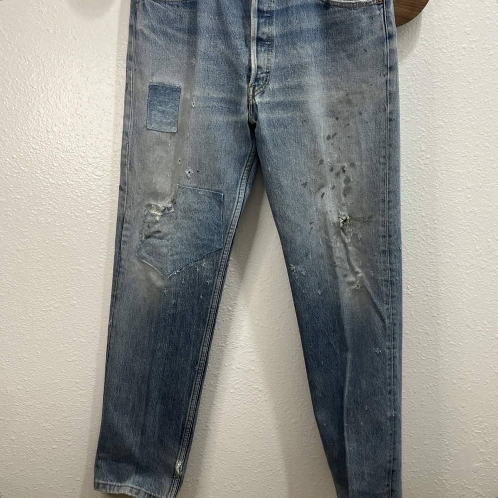 VTG 1995 Levi's 501 Made in USA Jeans Patched Thrashed Ink Stain Artist 32x31
